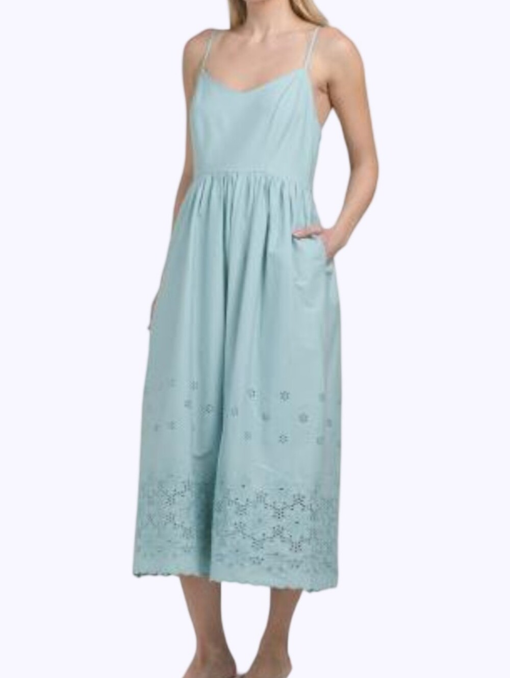 Calypso St. Barth Light Blue Eyelet Midi Sundress Smocked Back Pockets V-Neck